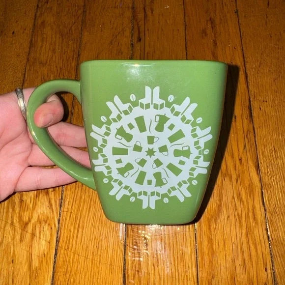 Starbucks 12oz Coffee Tea Cup Mug 2004 Green Snowflake Holiday Christmas Square - Picture 4 of 5